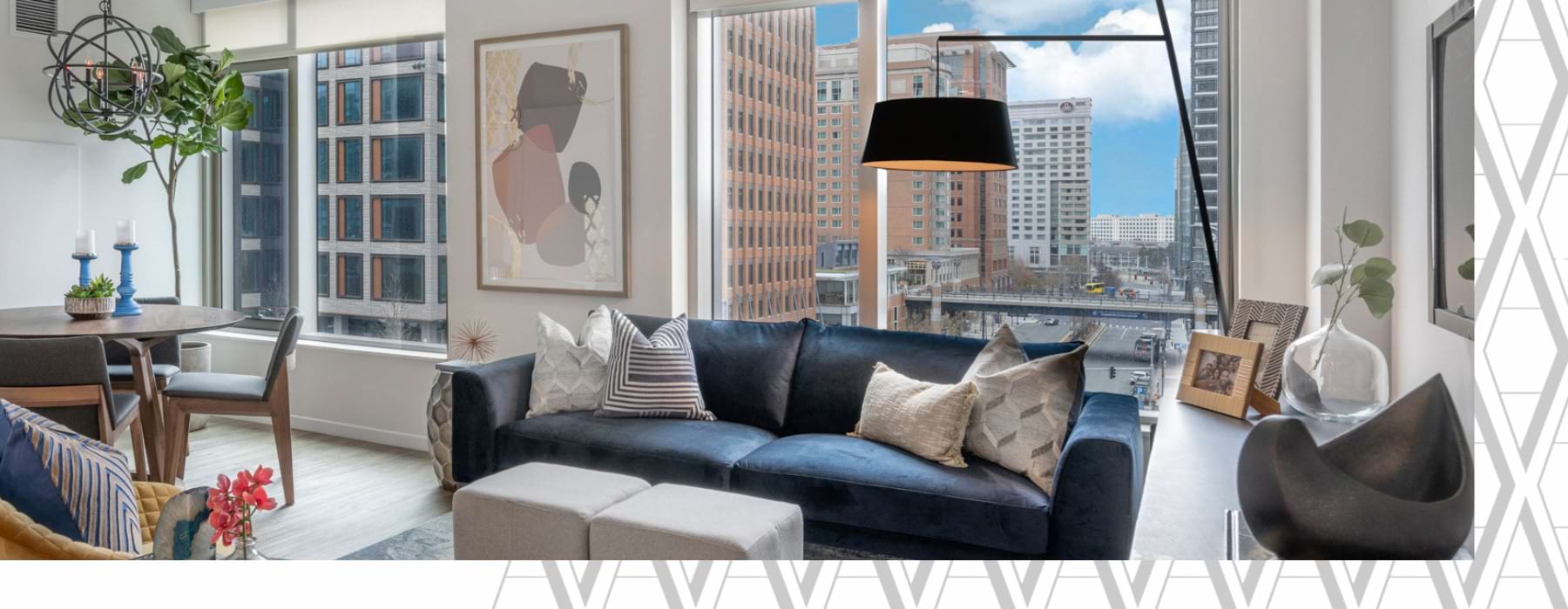 The Alyx Seaport Boston luxury apartment - Living Room with City Views