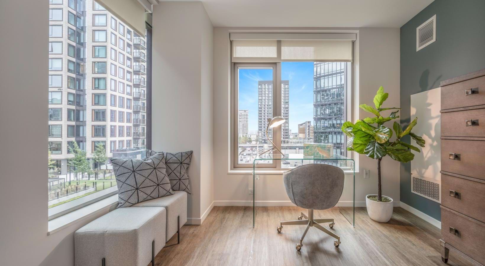 The Alyx Seaport Boston luxury apartment - Home Office with Seaport Views