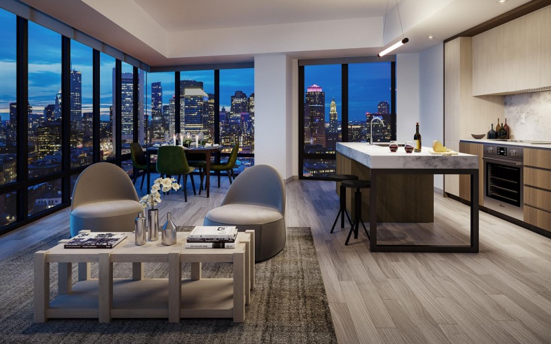 The Metlo Boston luxury apartment - Open Kitchen & Living with City Views