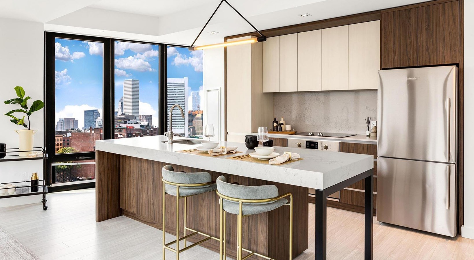 The Metlo Boston luxury apartment - Gourmet Kitchen with Boston Skyline Views