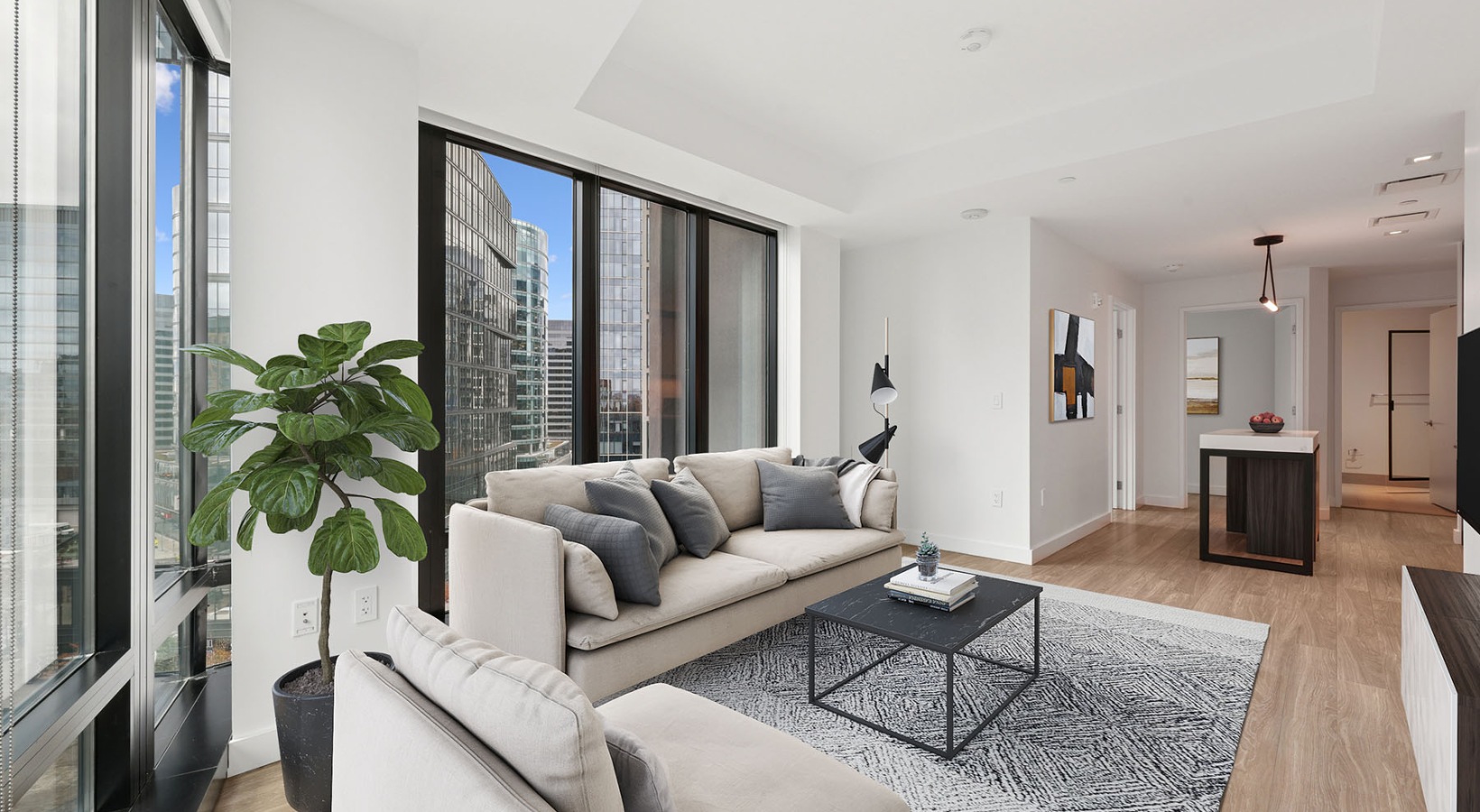 The Metlo Boston luxury apartment - Living Room with Floor-to-Ceiling Windows
