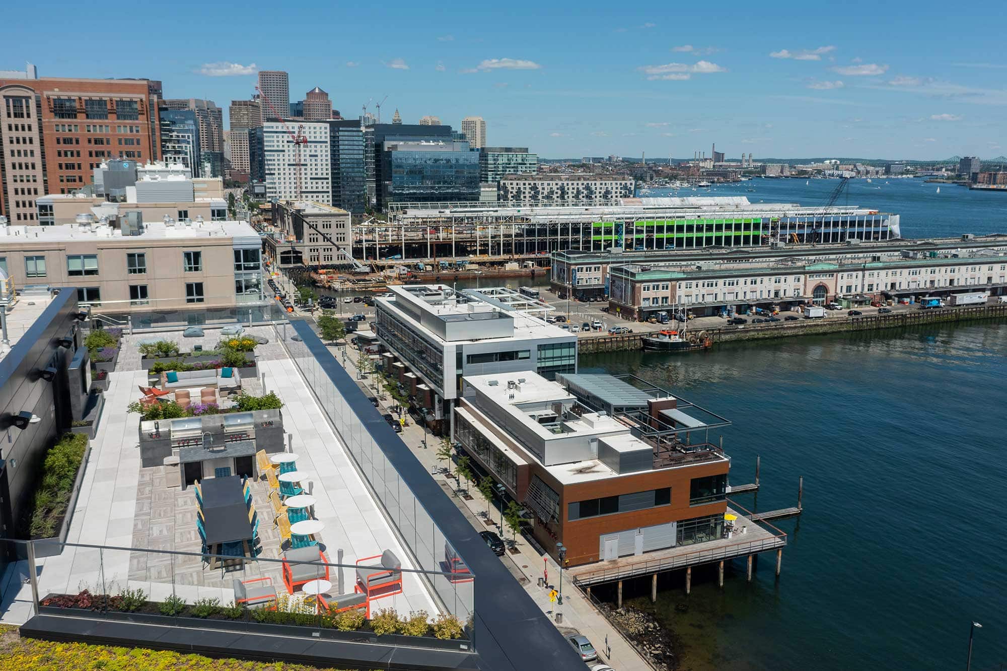 Ora Seaport Boston rooftop aerial view of Seaport District - luxury rental building