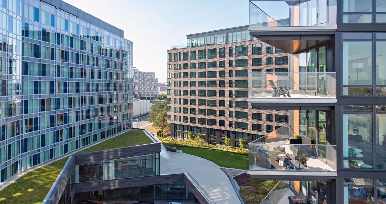 Ora Seaport Boston waterfront aerial view - luxury apartments 899 Congress St Boston