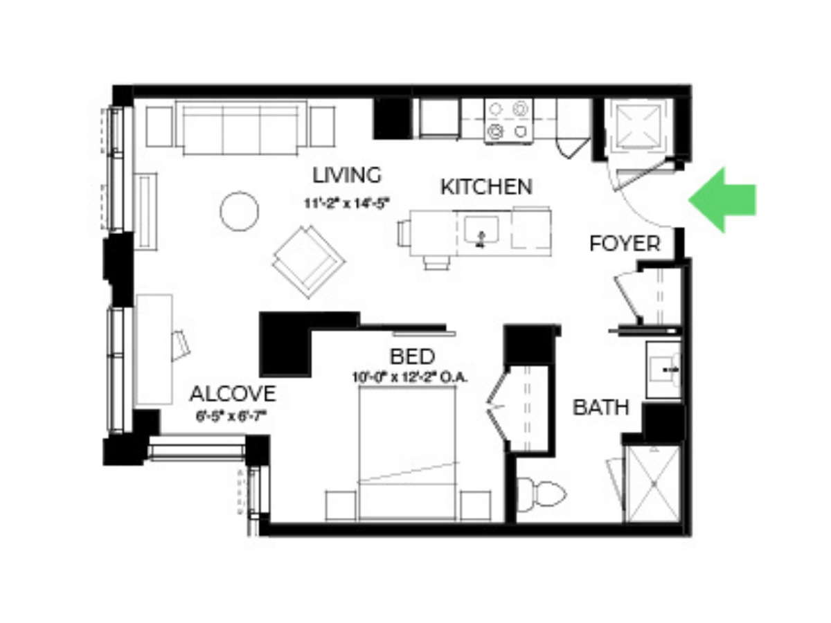 The Alyx Seaport 1 Bed floor plan A19 — 131 Seaport Blvd luxury apartments Seaport District Boston