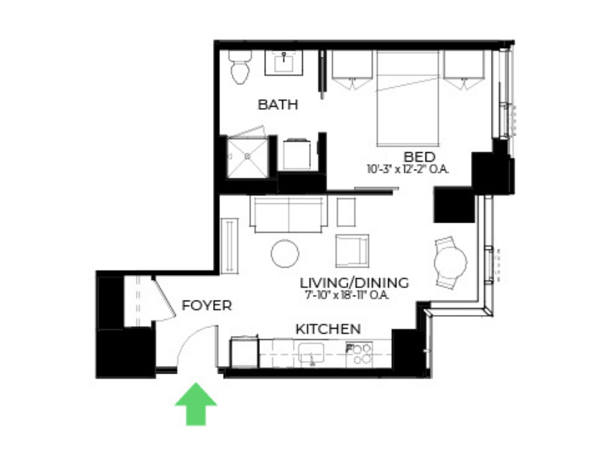 The Alyx Seaport 1 Bed floor plan A26 — 131 Seaport Blvd luxury apartments Seaport District Boston