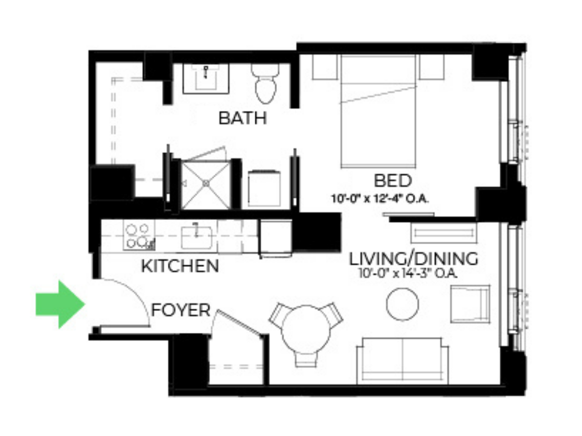 The Alyx Seaport 1 Bed floor plan A27 — 131 Seaport Blvd luxury apartments Seaport District Boston