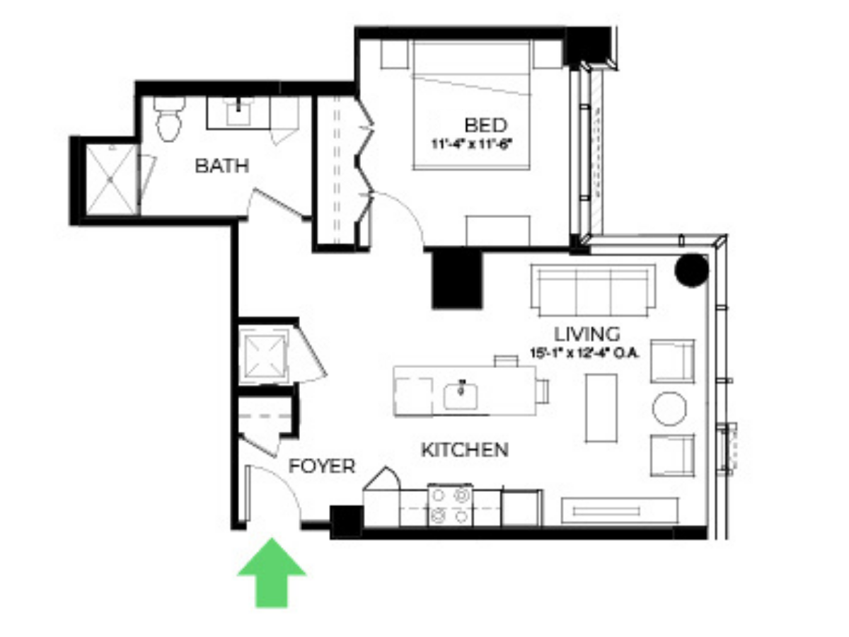 The Alyx Seaport 1 Bed floor plan A38 — 131 Seaport Blvd luxury apartments Seaport District Boston