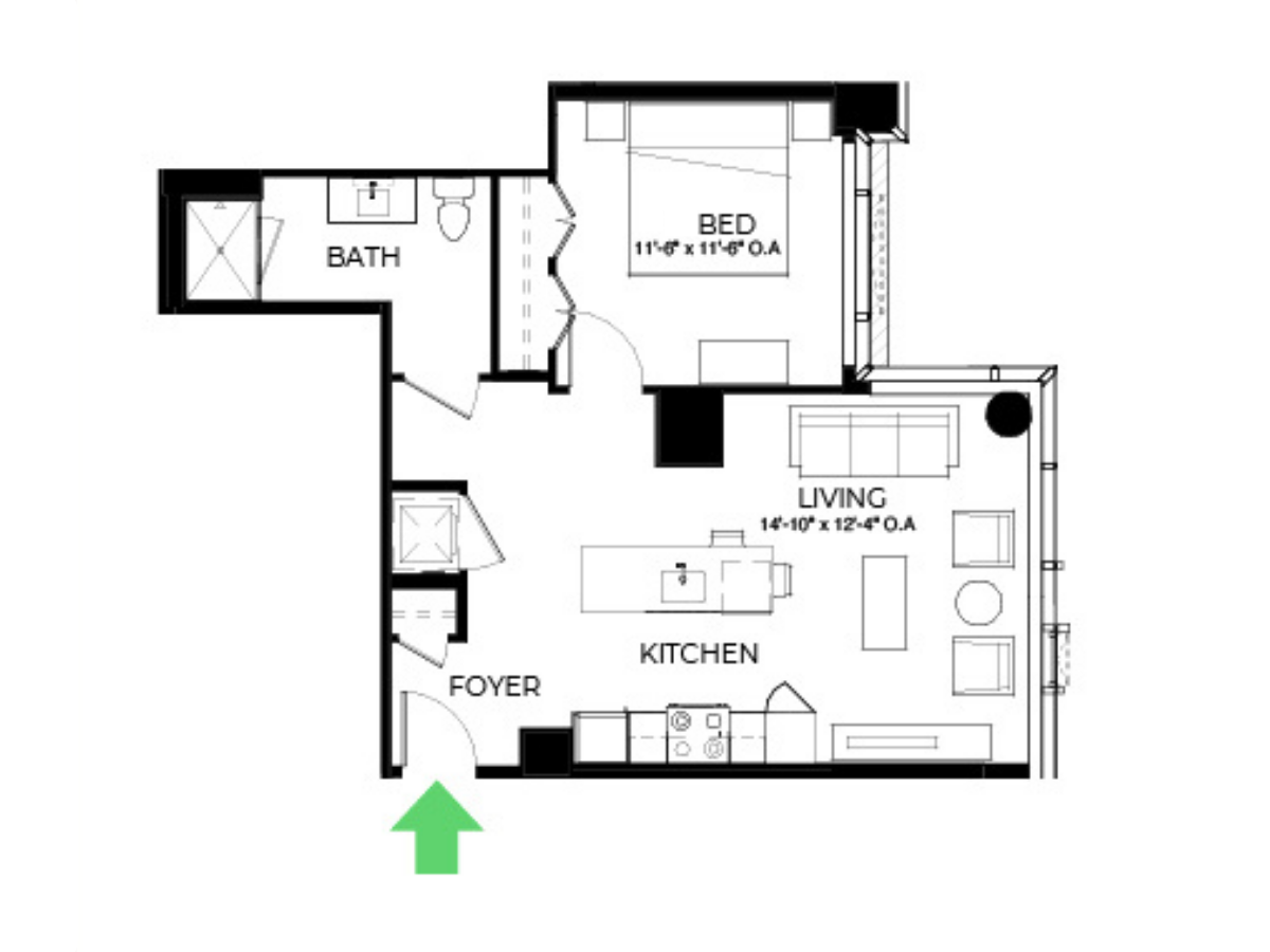 The Alyx Seaport 1 Bed floor plan A45 — 131 Seaport Blvd luxury apartments Seaport District Boston