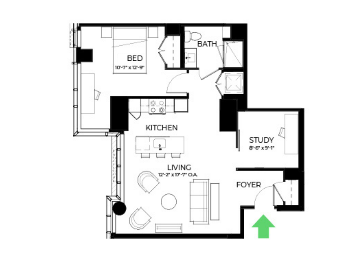 The Alyx Seaport 1 Bed floor plan AD15 — 131 Seaport Blvd luxury apartments Seaport District Boston