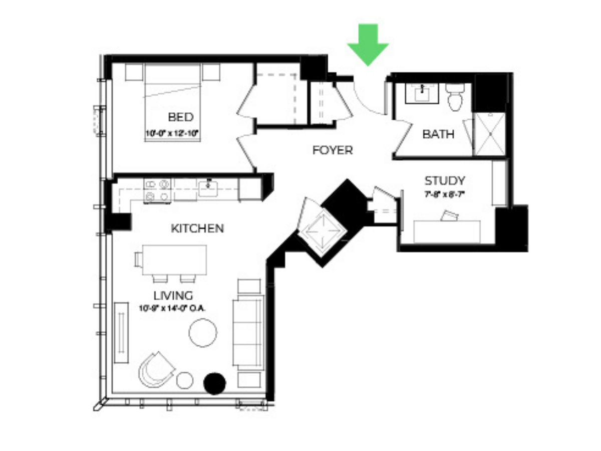 The Alyx Seaport 1 Bed floor plan AD16 — 131 Seaport Blvd luxury apartments Seaport District Boston