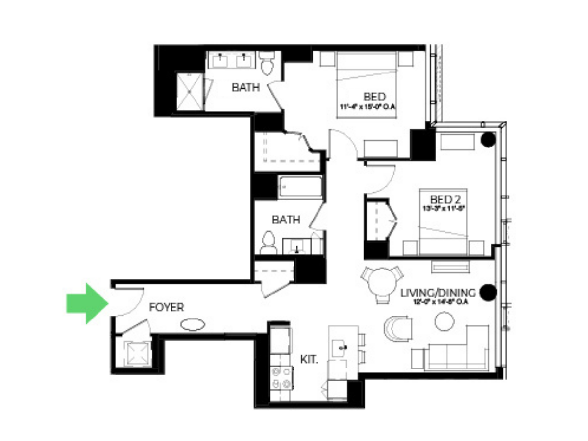 The Alyx Seaport 2 Bed floor plan B55 — 131 Seaport Blvd luxury apartments Seaport District Boston