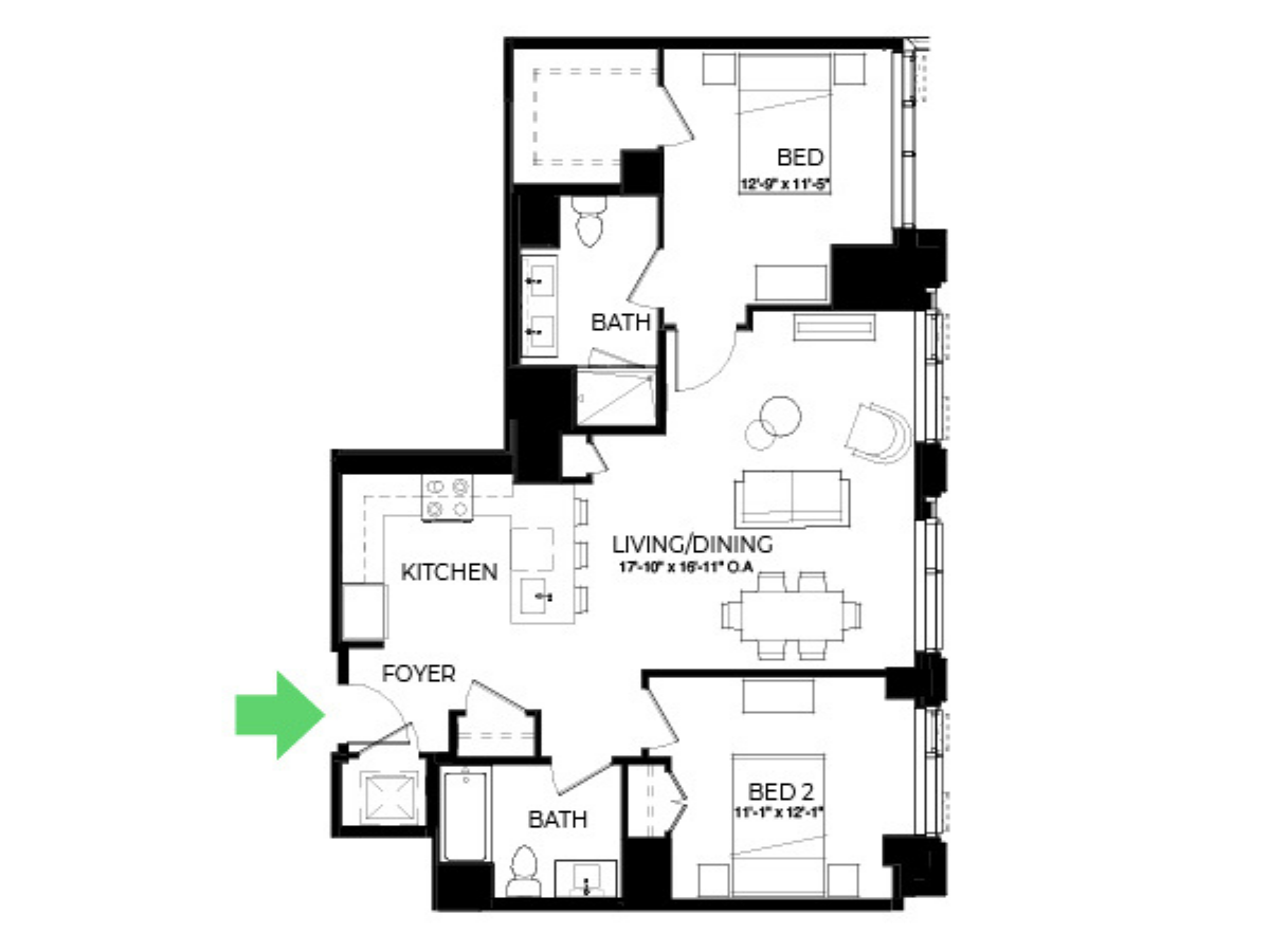 The Alyx Seaport 2 Bed floor plan B57 — 131 Seaport Blvd luxury apartments Seaport District Boston