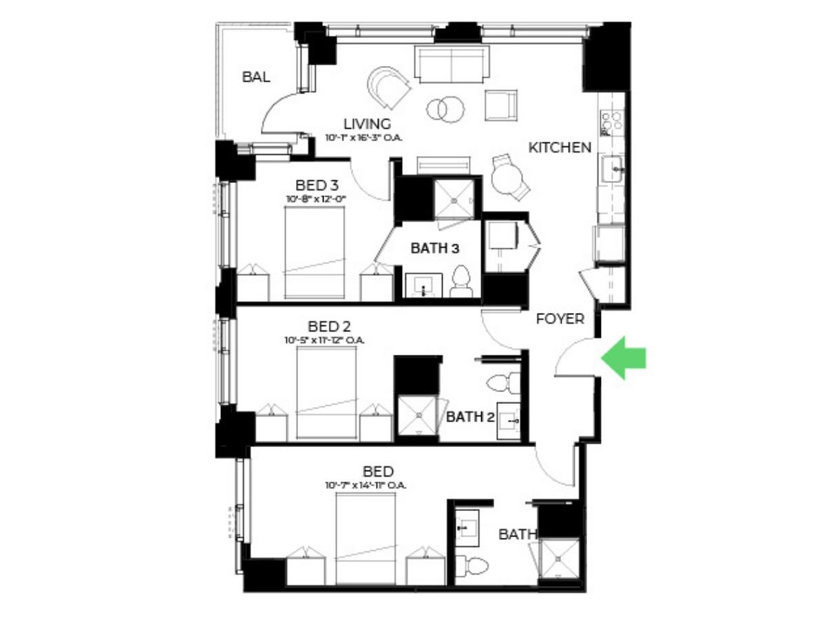 The Alyx Seaport 3 Bed floor plan C10 — 131 Seaport Blvd luxury apartments Seaport District Boston