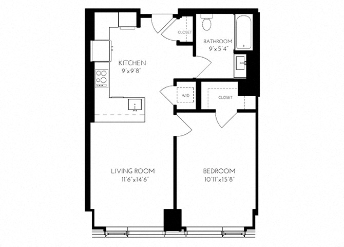 The Benjamin Seaport 1 Bed floor plan 1 A - 1 ADA — 110 Seaport Blvd luxury apartments Seaport District Boston