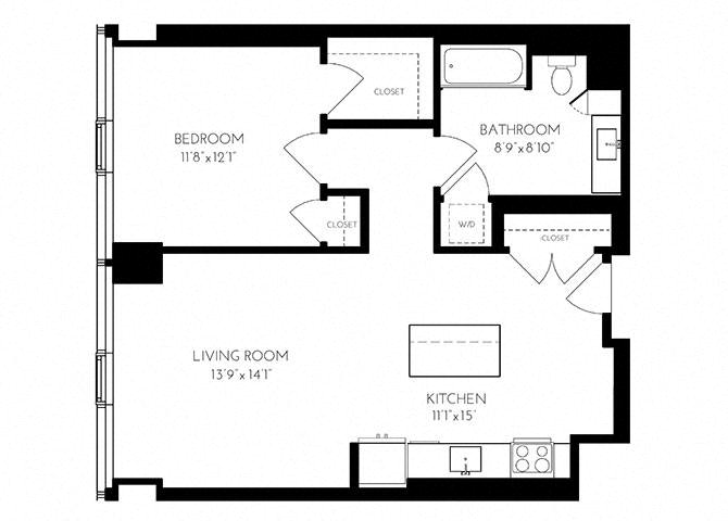 The Benjamin Seaport 1 Bed floor plan 1 D - 1 — 110 Seaport Blvd luxury apartments Seaport District Boston