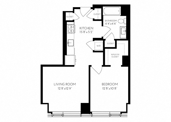 The Benjamin Seaport 1 Bed floor plan 1B - 1 — 110 Seaport Blvd luxury apartments Seaport District Boston