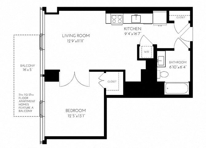 The Benjamin Seaport 1 Bed floor plan 1C - 1 — 110 Seaport Blvd luxury apartments Seaport District Boston