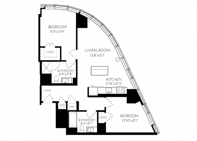 The Benjamin Seaport 2 Bed floor plan 2 A - 1 — 110 Seaport Blvd luxury apartments Seaport District Boston