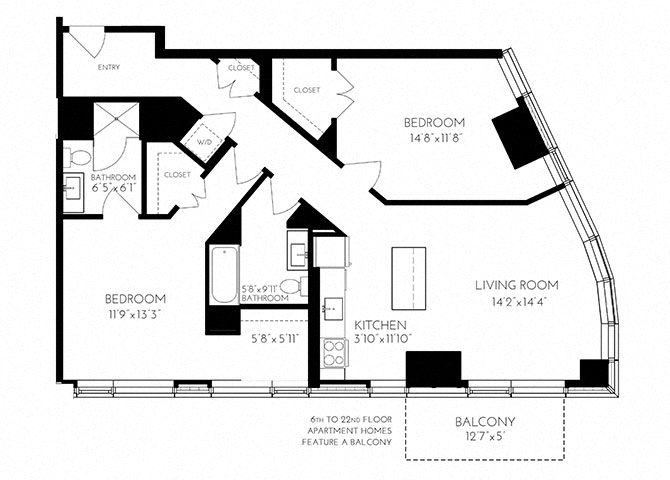 The Benjamin Seaport 2 Bed floor plan 2 B - 1 — 110 Seaport Blvd luxury apartments Seaport District Boston