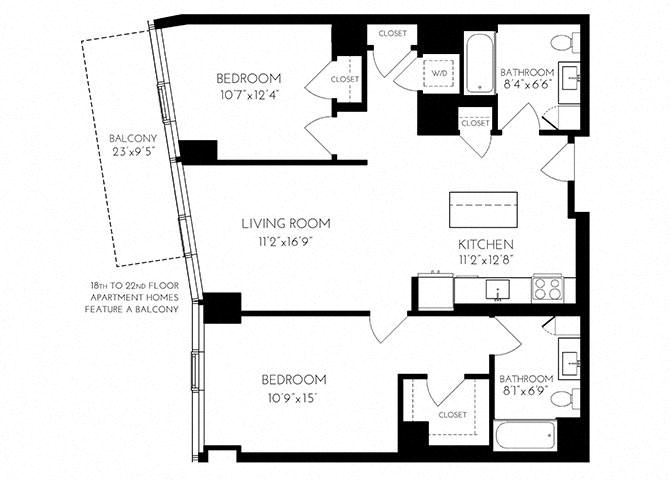 The Benjamin Seaport 2 Bed floor plan 2 D - 1 — 110 Seaport Blvd luxury apartments Seaport District Boston