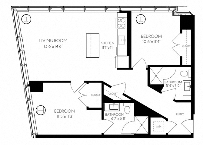 The Benjamin Seaport 2 Bed floor plan 2K - 1 — 110 Seaport Blvd luxury apartments Seaport District Boston