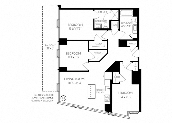 The Benjamin Seaport 3 Bed floor plan 3 A - 1 — 110 Seaport Blvd luxury apartments Seaport District Boston