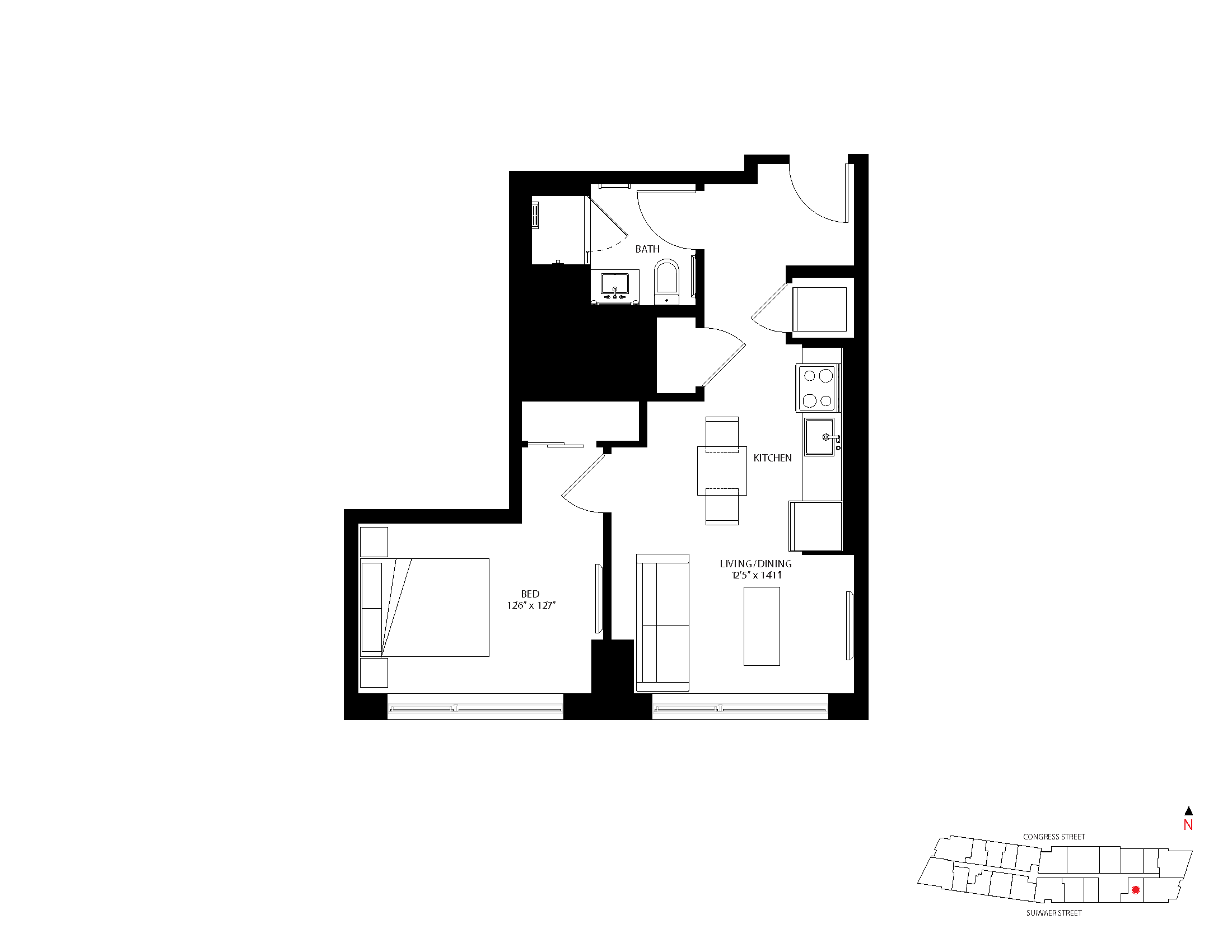 The Metlo Seaport 1 Bed floor plan 1-A1 — 399 Congress St luxury apartments Seaport District Boston