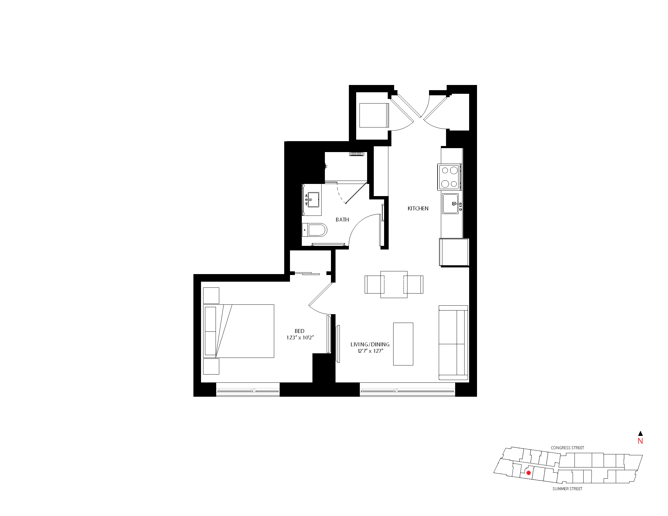 The Metlo Seaport 1 Bed floor plan 1-A2 — 399 Congress St luxury apartments Seaport District Boston