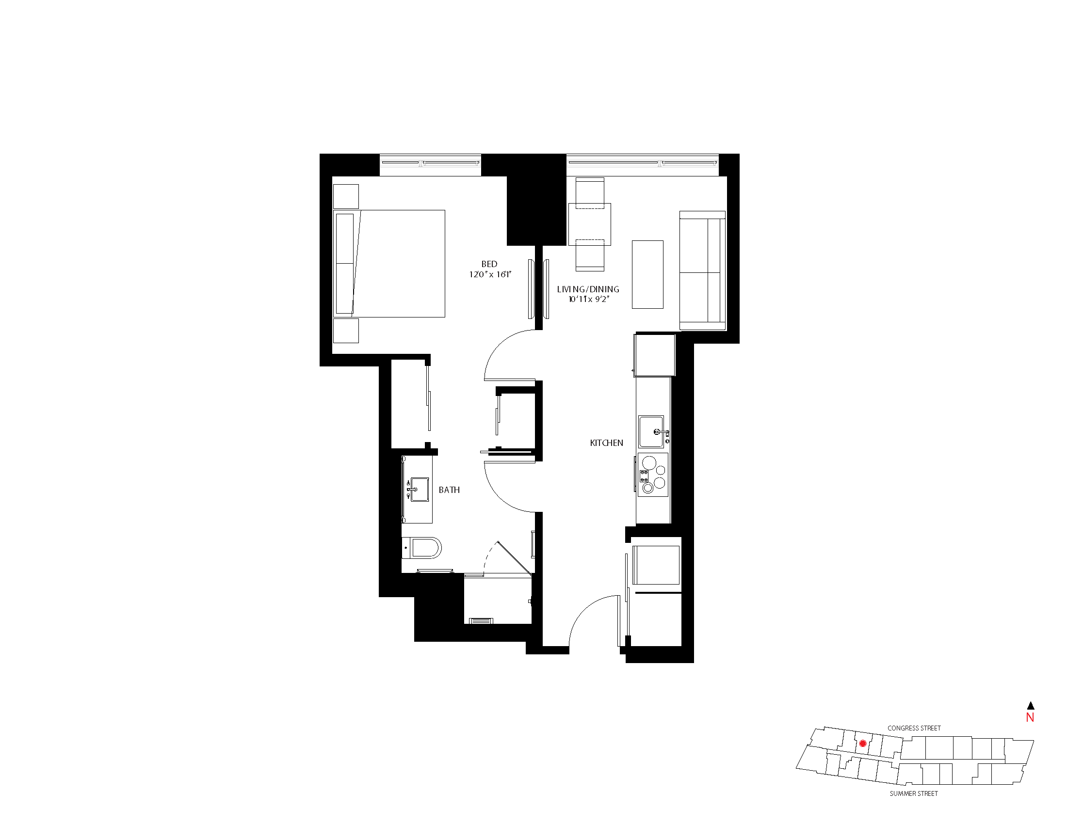 The Metlo Seaport 1 Bed floor plan 1-B — 399 Congress St luxury apartments Seaport District Boston