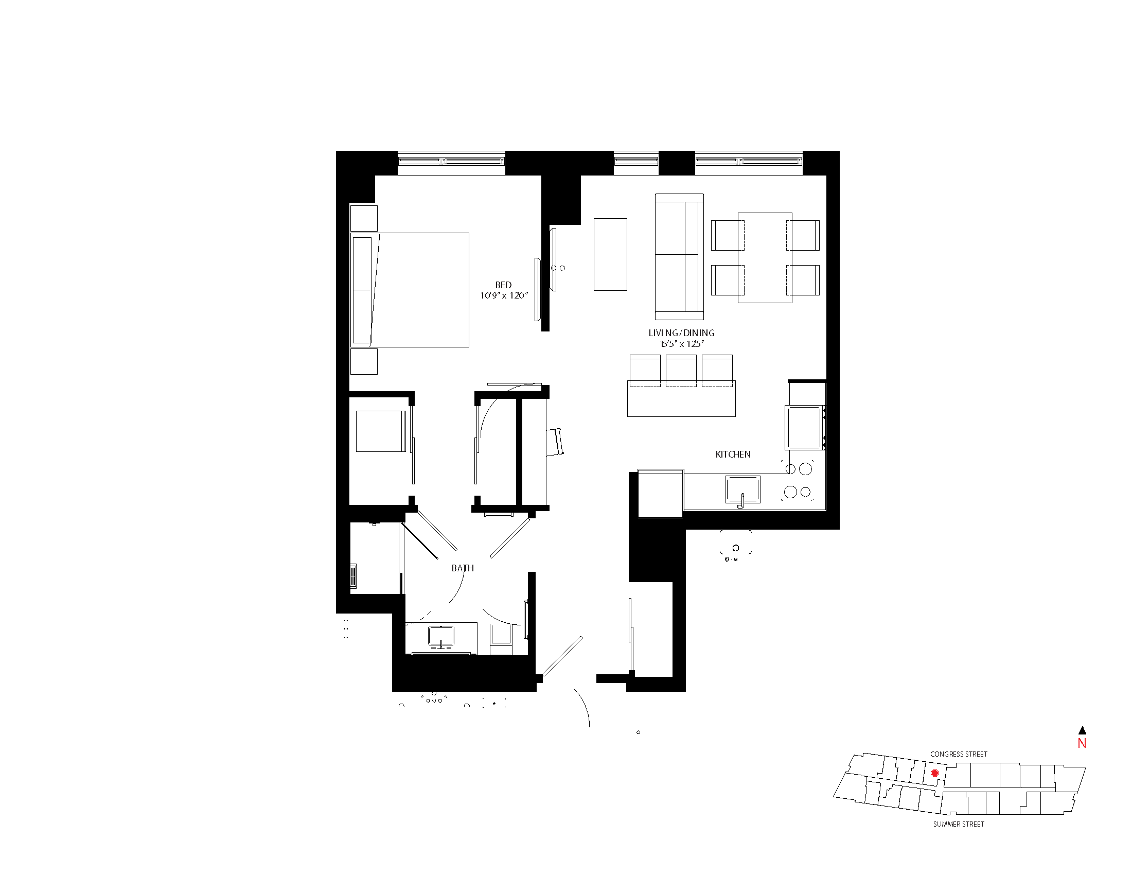 The Metlo Seaport 1 Bed floor plan 1-C1 — 399 Congress St luxury apartments Seaport District Boston