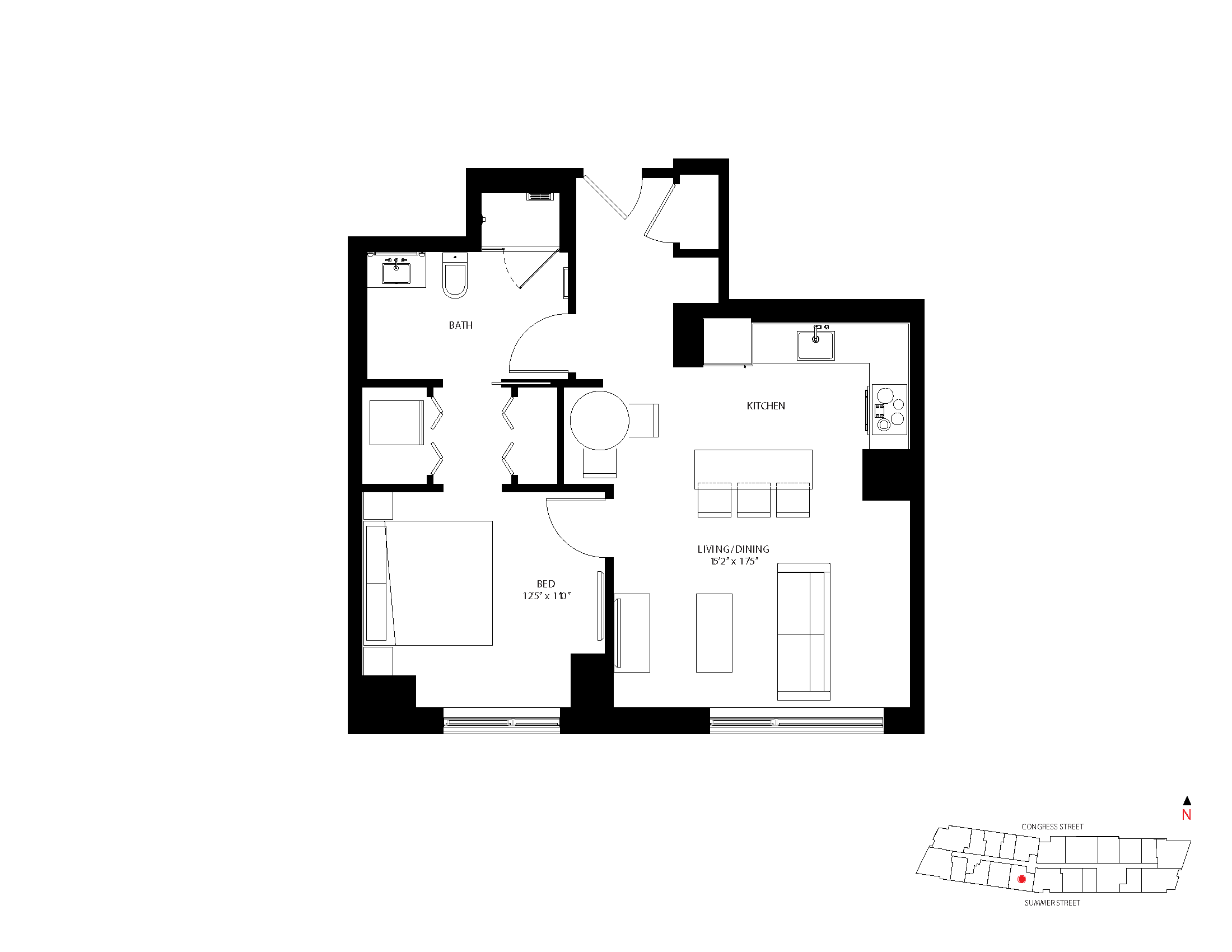 The Metlo Seaport 1 Bed floor plan 1-C2 — 399 Congress St luxury apartments Seaport District Boston