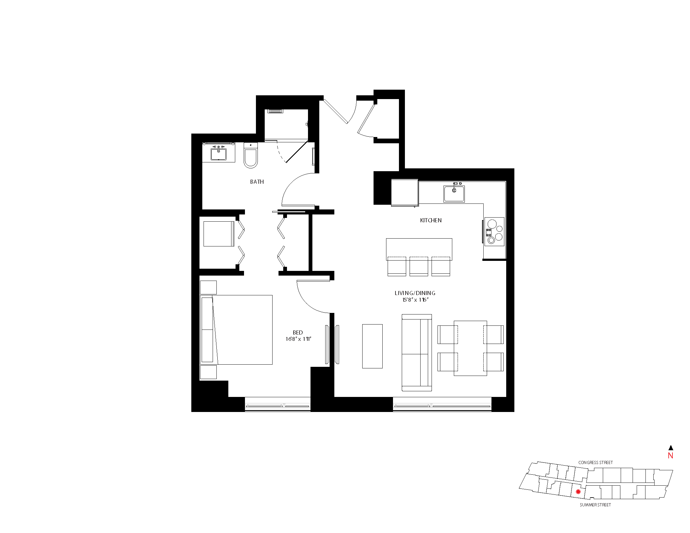 The Metlo Seaport 1 Bed floor plan 1-C3 — 399 Congress St luxury apartments Seaport District Boston