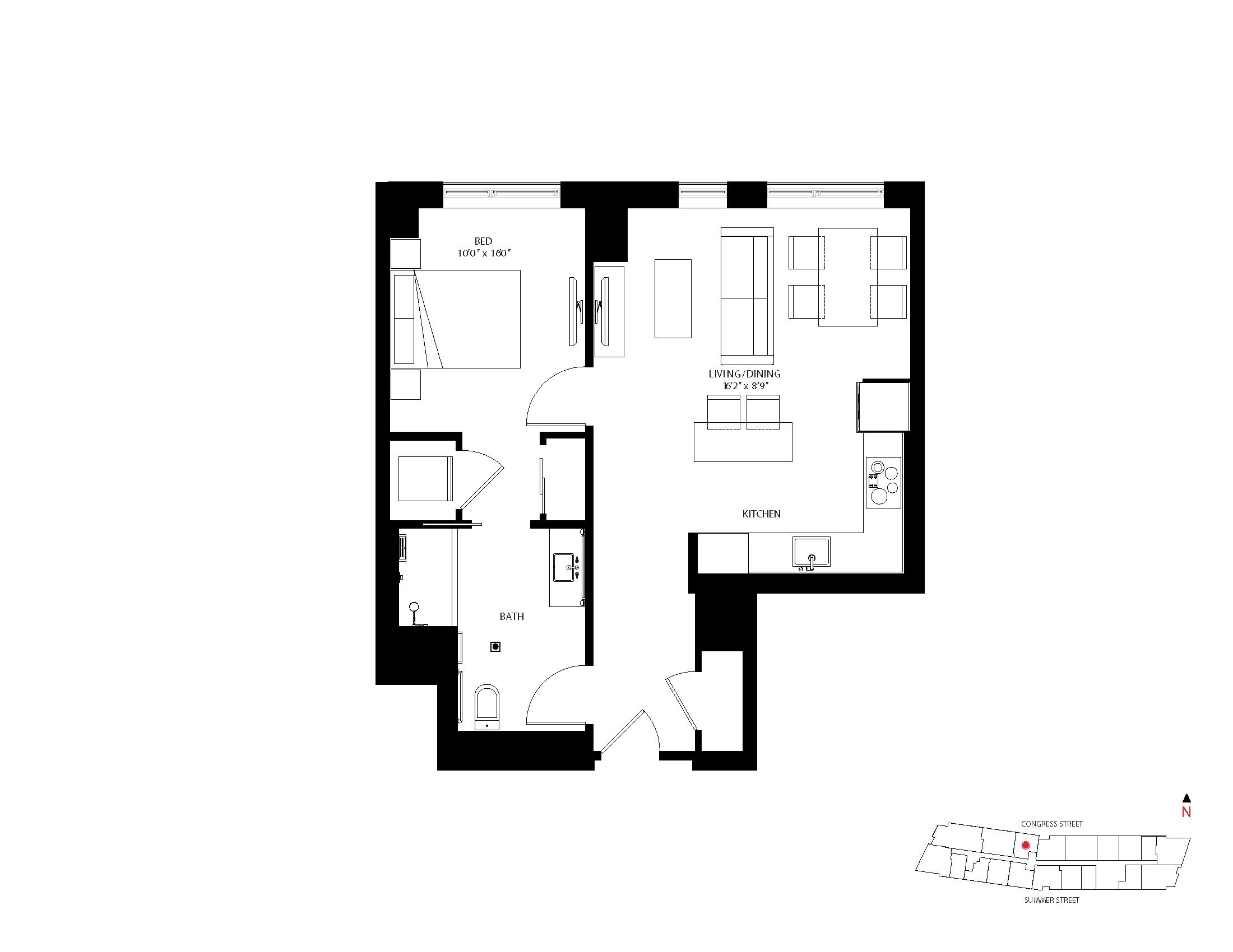 The Metlo Seaport 1 Bed floor plan 1-CA — 399 Congress St luxury apartments Seaport District Boston
