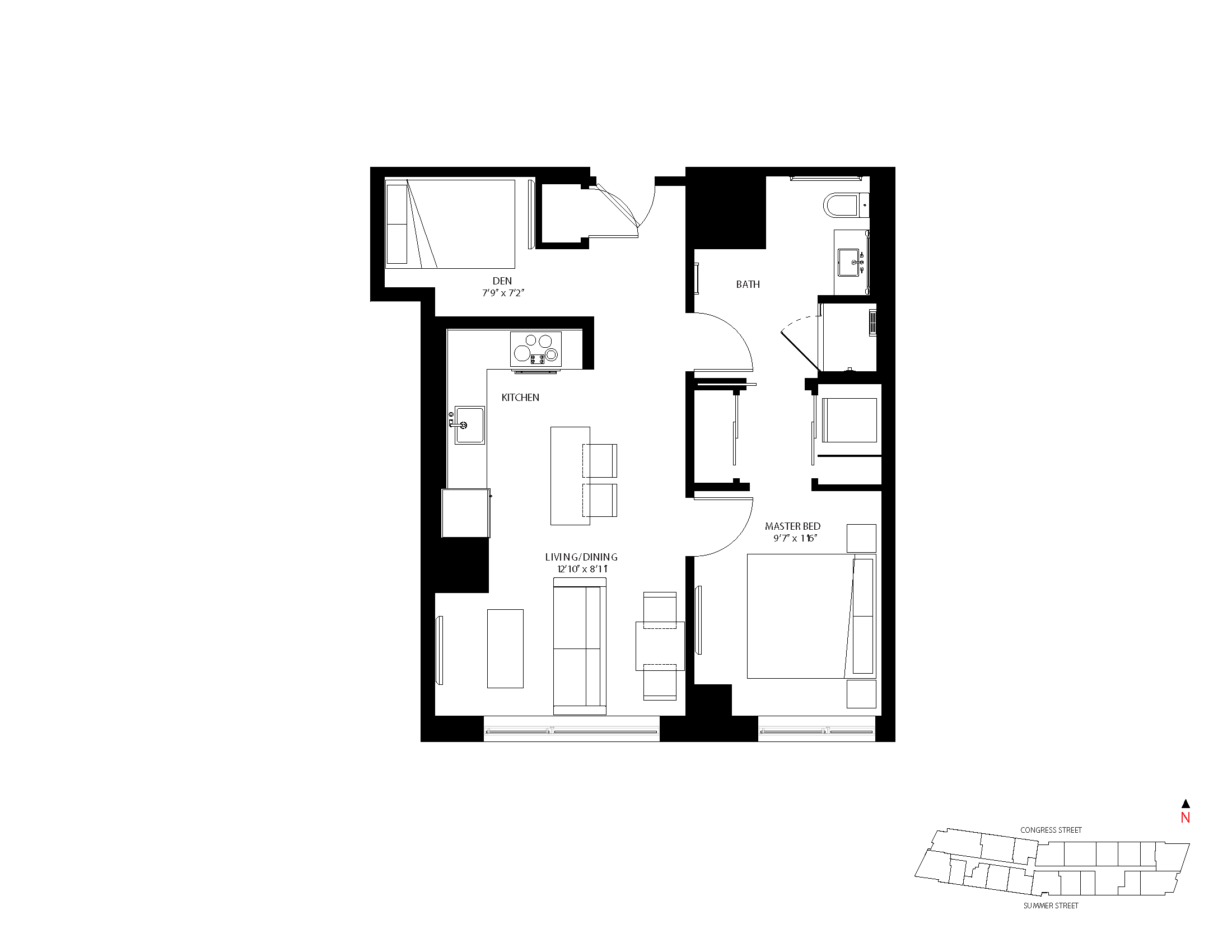 The Metlo Seaport 1 Bed floor plan 1-D1 — 399 Congress St luxury apartments Seaport District Boston