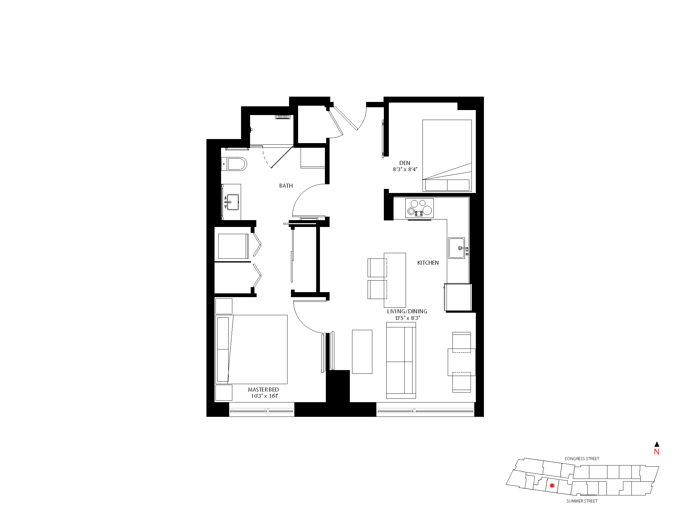The Metlo Seaport 1 Bed floor plan 1-D2 — 399 Congress St luxury apartments Seaport District Boston