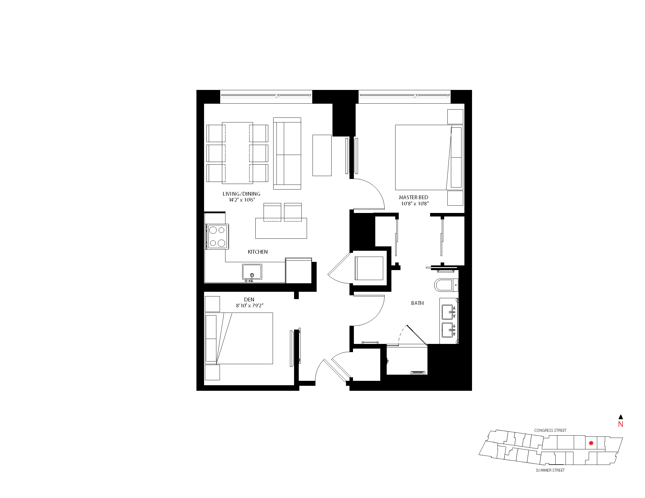 The Metlo Seaport 1 Bed floor plan 1-D3 — 399 Congress St luxury apartments Seaport District Boston