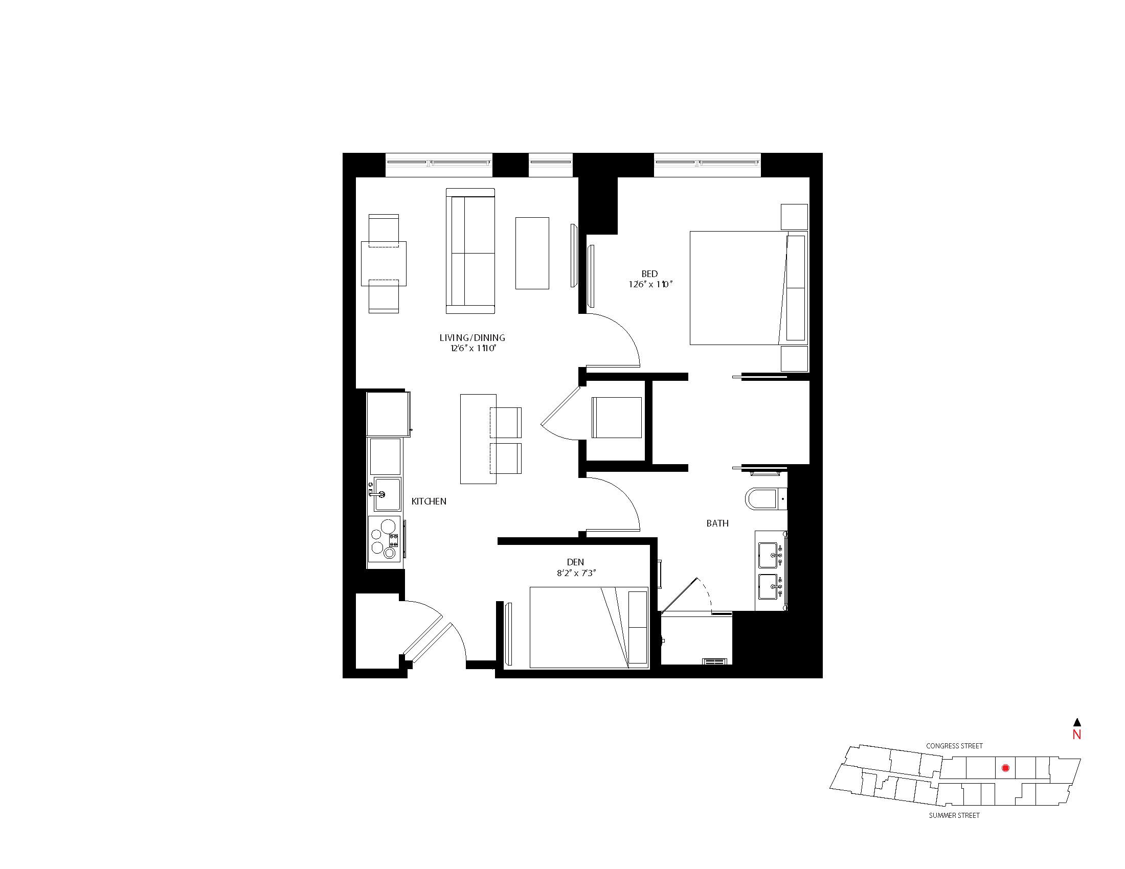 The Metlo Seaport 1 Bed floor plan 1-D4 — 399 Congress St luxury apartments Seaport District Boston