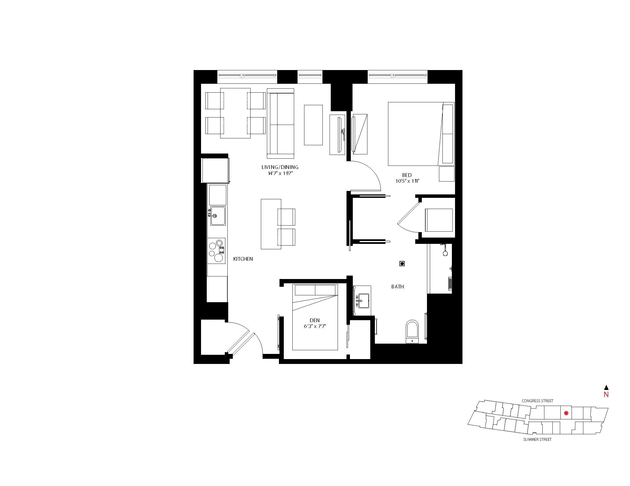 The Metlo Seaport 1 Bed floor plan 1-DA — 399 Congress St luxury apartments Seaport District Boston