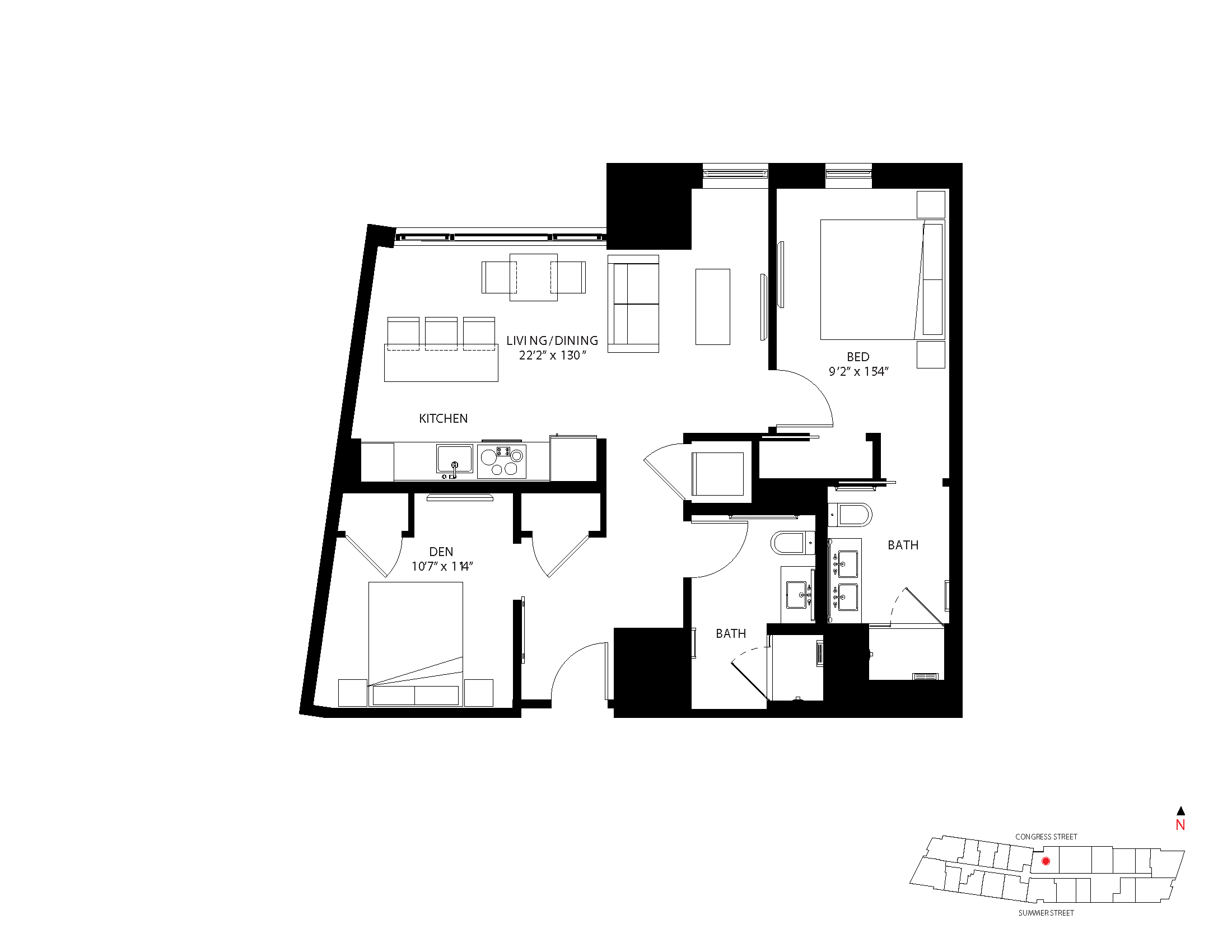 The Metlo Seaport 1 Bed floor plan 1-E — 399 Congress St luxury apartments Seaport District Boston