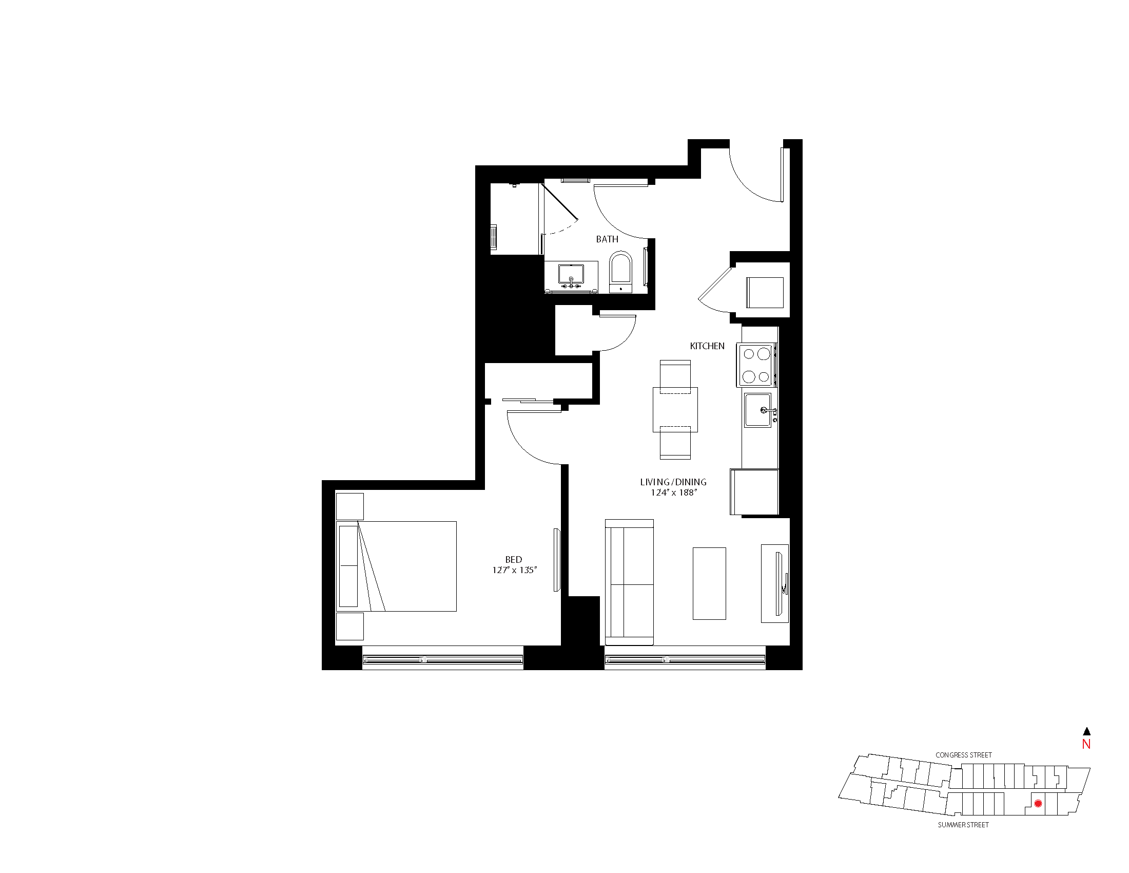 The Metlo Seaport 1 Bed floor plan 1-M — 399 Congress St luxury apartments Seaport District Boston