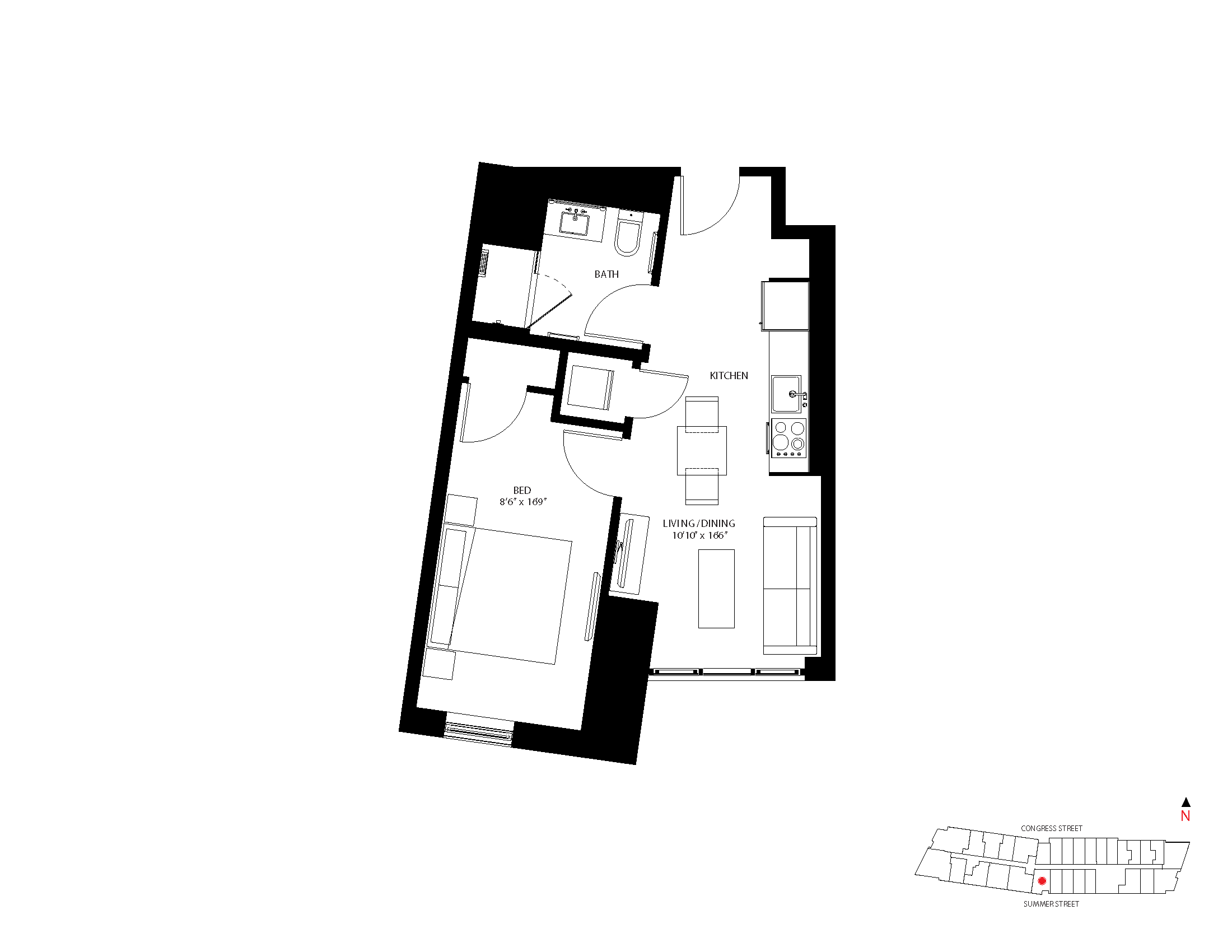 The Metlo Seaport 1 Bed floor plan 1-N — 399 Congress St luxury apartments Seaport District Boston