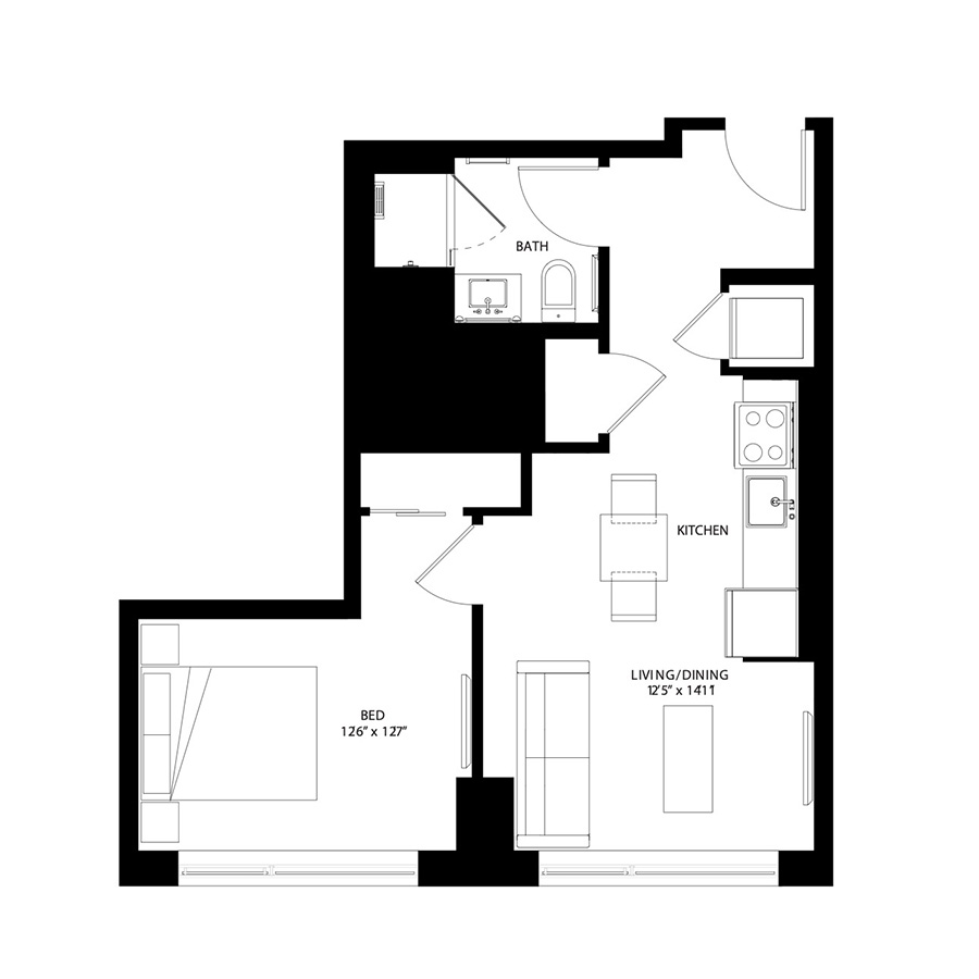 The Metlo Seaport 1 Bed floor plan 1A1b — 399 Congress St luxury apartments Seaport District Boston