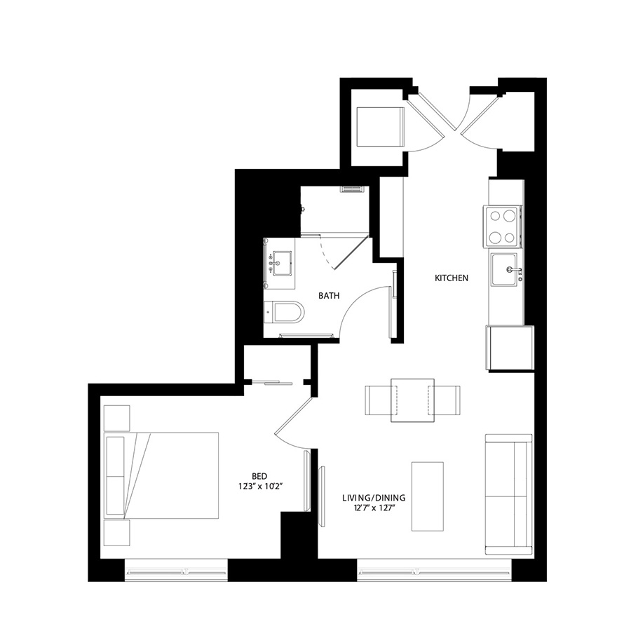 The Metlo Seaport 1 Bed floor plan 1A2b — 399 Congress St luxury apartments Seaport District Boston