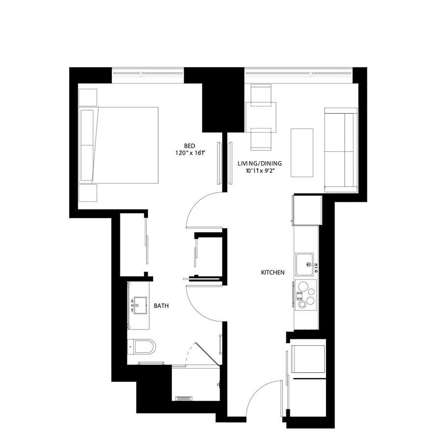 The Metlo Seaport 1 Bed floor plan 1Bb — 399 Congress St luxury apartments Seaport District Boston