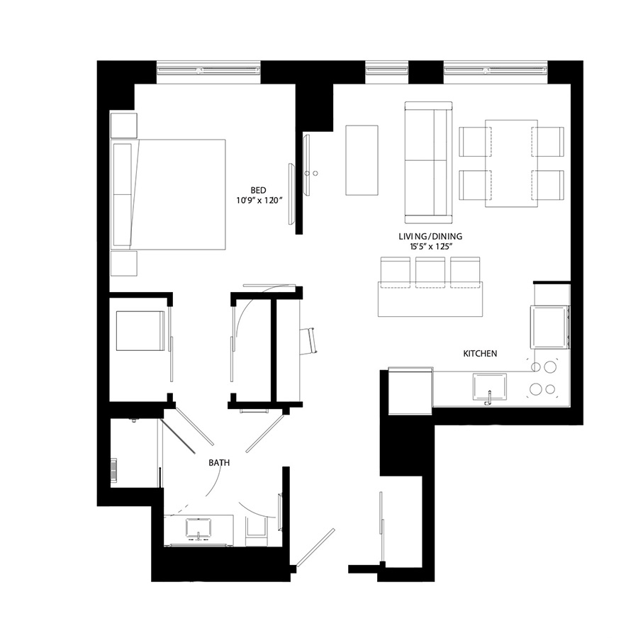 The Metlo Seaport 1 Bed floor plan 1C1b — 399 Congress St luxury apartments Seaport District Boston