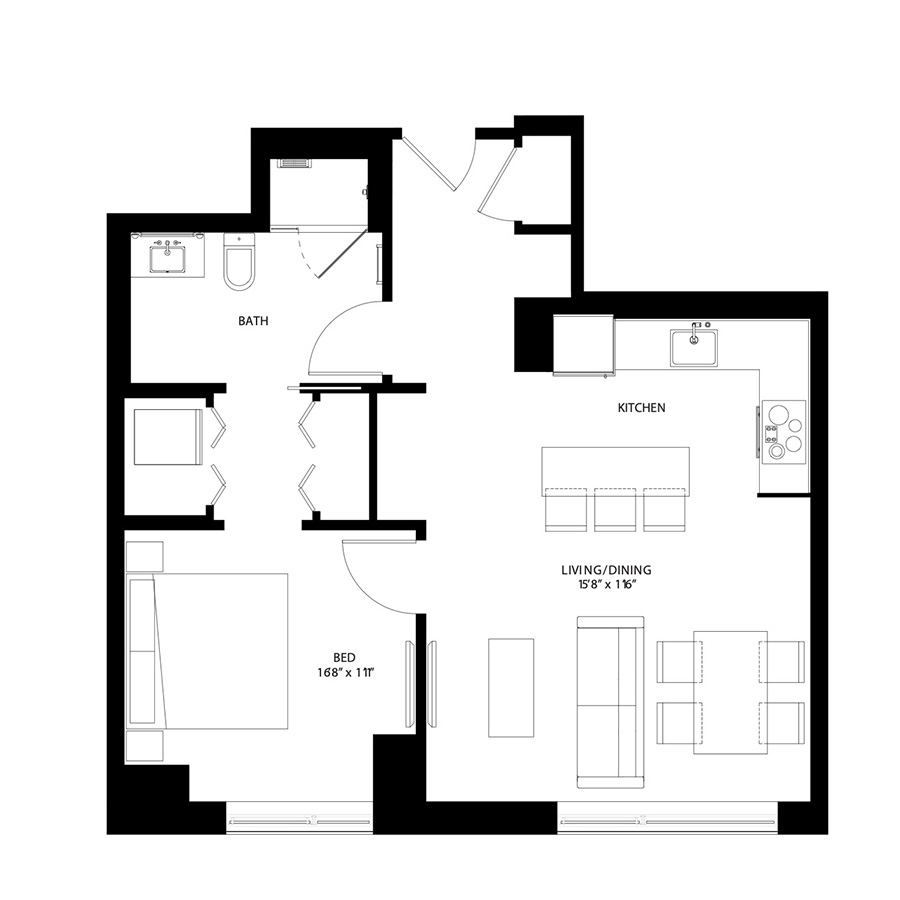 The Metlo Seaport 1 Bed floor plan 1C3b — 399 Congress St luxury apartments Seaport District Boston