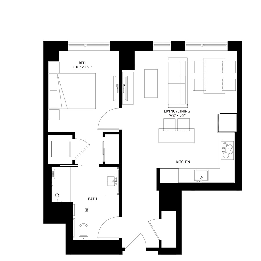 The Metlo Seaport 1 Bed floor plan 1CAb — 399 Congress St luxury apartments Seaport District Boston