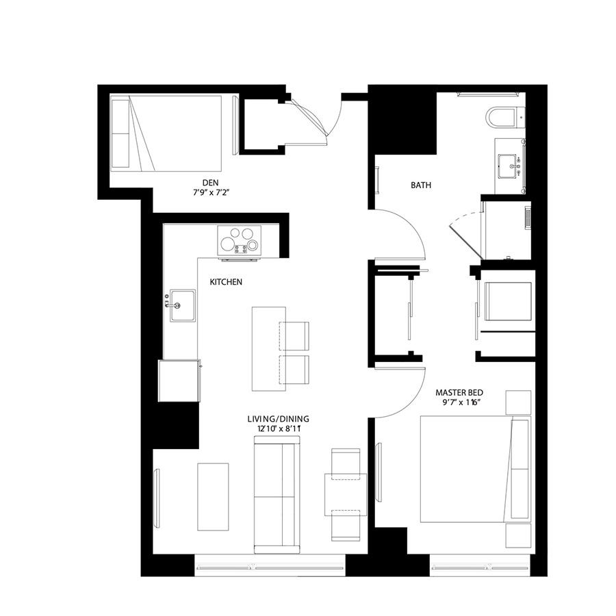 The Metlo Seaport 1 Bed floor plan 1D1b — 399 Congress St luxury apartments Seaport District Boston