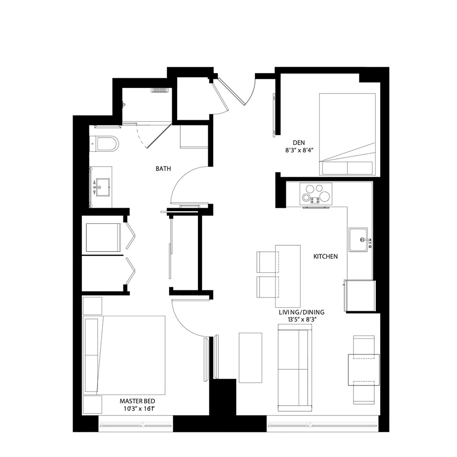 The Metlo Seaport 1 Bed floor plan 1D2b — 399 Congress St luxury apartments Seaport District Boston