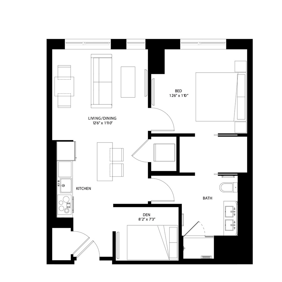 The Metlo Seaport 1 Bed floor plan 1D4b — 399 Congress St luxury apartments Seaport District Boston